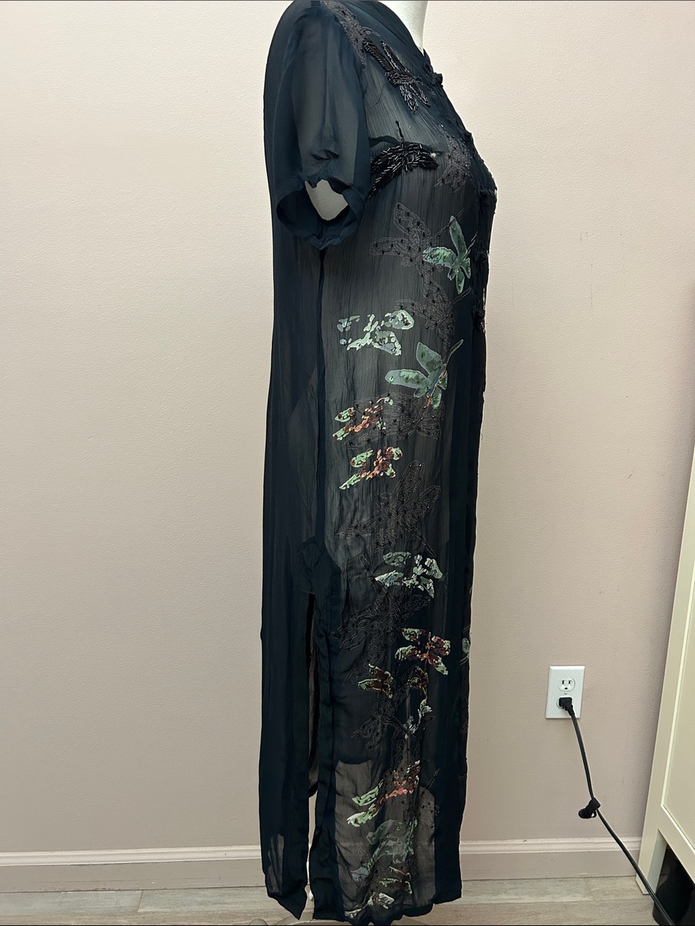 VTG Cache Sheer Black Embroidered Butterfly Duster Asian frog closure sz small - Picture 10 of 16